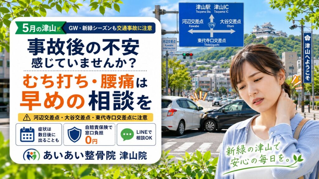 5月の津山市、新緑のドライブにご用心！交通事故による「むち打ち」を長引かせないために