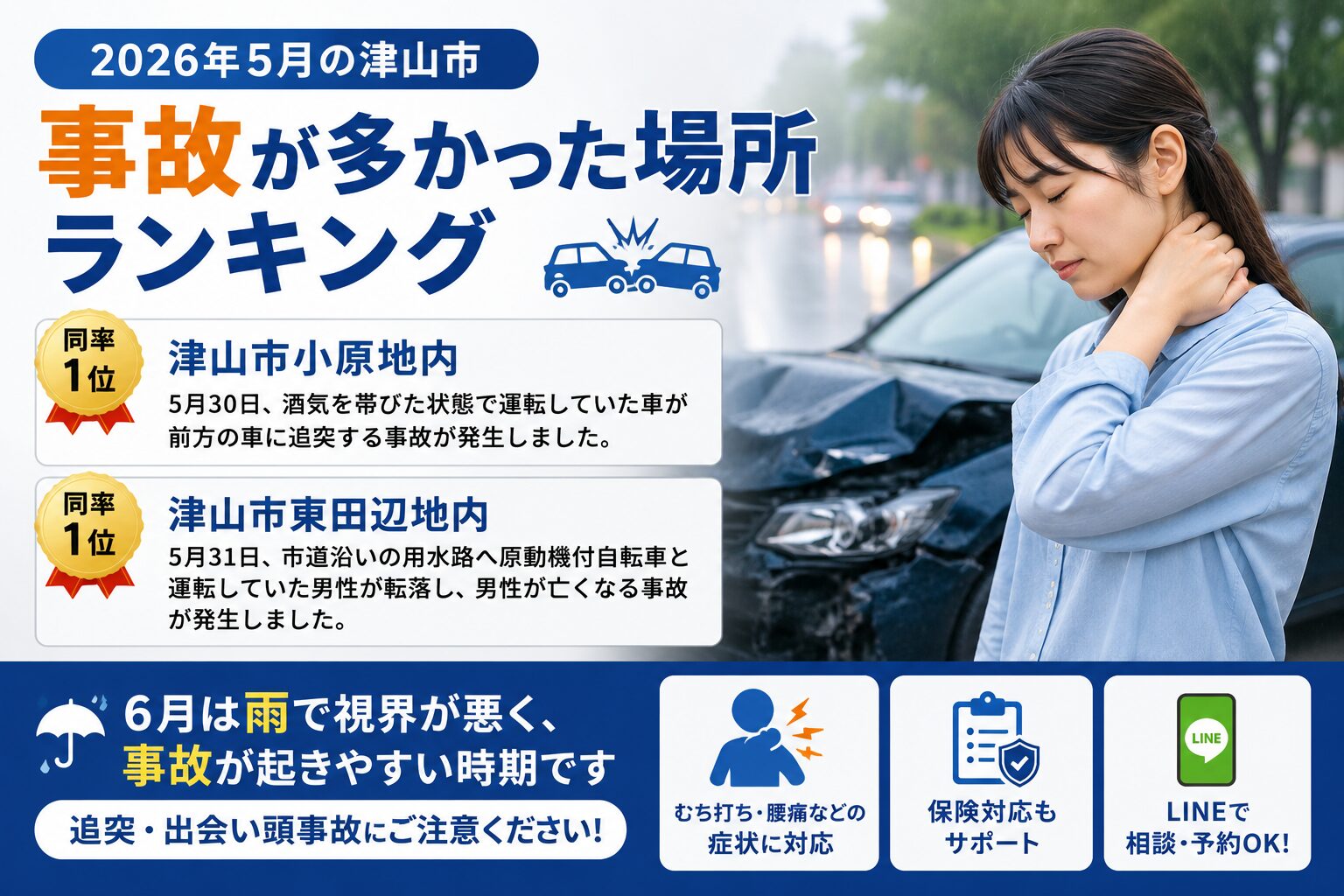 6月の津山市｜交通事故・むち打ち対策